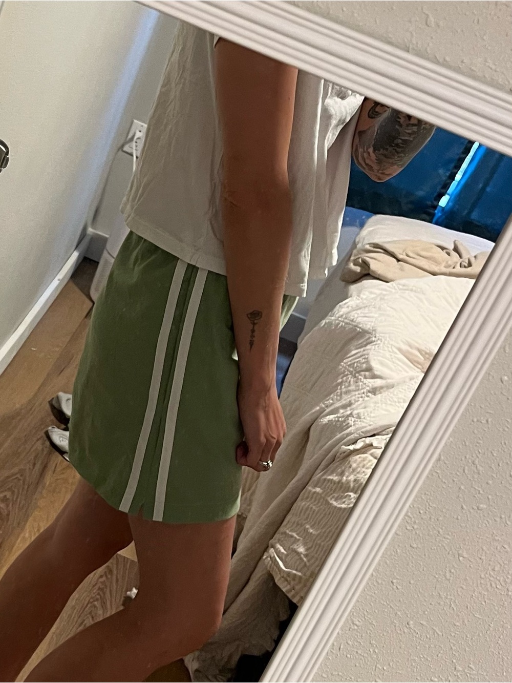 Women’s Handmade Sage Green White Stripe 100% Cotton Sport Shorts High Rise